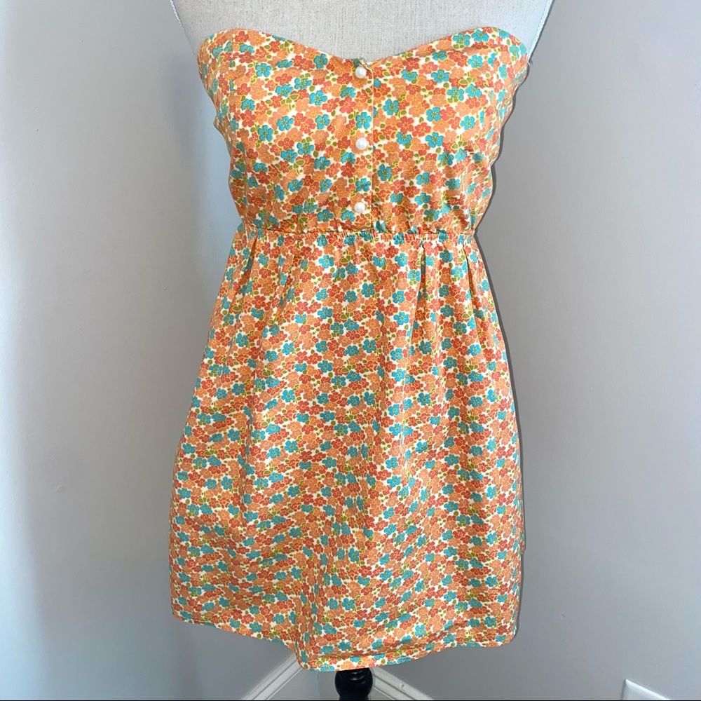Judith March strapless tunic top mini dress orange & blue floral Small/Medium